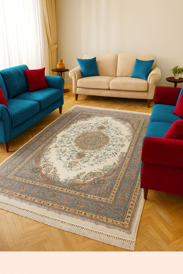 SULTAN İPEK HALI YÜKSEK KALİTE SIK DOKUMA EL EMEĞİDE OLAN İPEK SALON HALISI Mavi Karışık Renk - 160 X 230