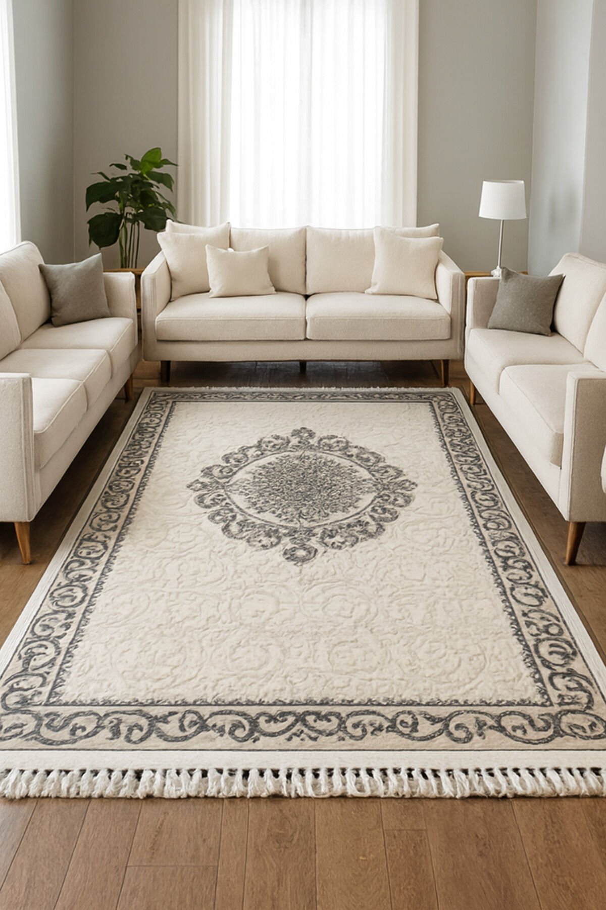 saray dalya sık dokuma kalın akrilik kayseri dokuma salonlarınızı saray gibi gösterecek halı Beyaz Gri Pudra - 170 X 280