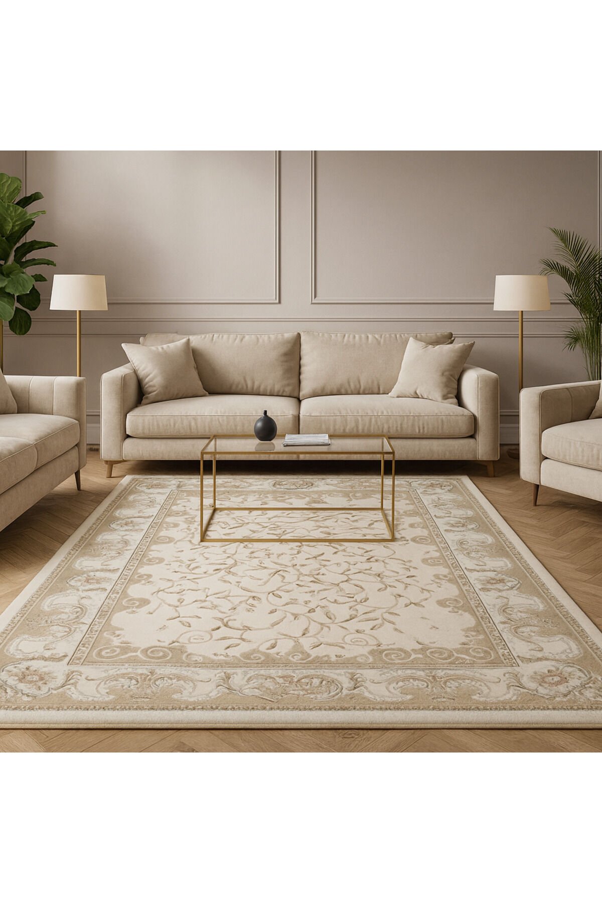 VİZYON KALIN YÜKSEK KALİTE SIK DOKUMA MUHTEŞEM SALON HALISI Krem Kahve - 150 X 230