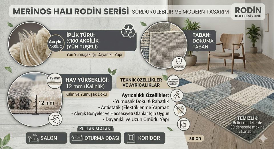 MERİNOS HALI SIK DOKUMA KALIN RODİN SERİSİ  19770 071