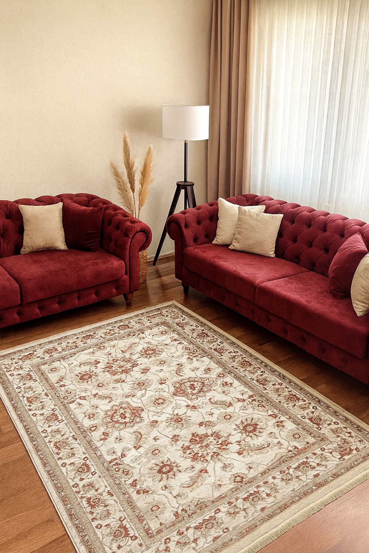 HANEDAN SIK DOKUMA İPEK AKRİLİK PARILTILI TÜY VERMEYEN YÜKSEK KALİTE SALON HALISI ORTA KALINLIKTADI Krem - 160 X 230