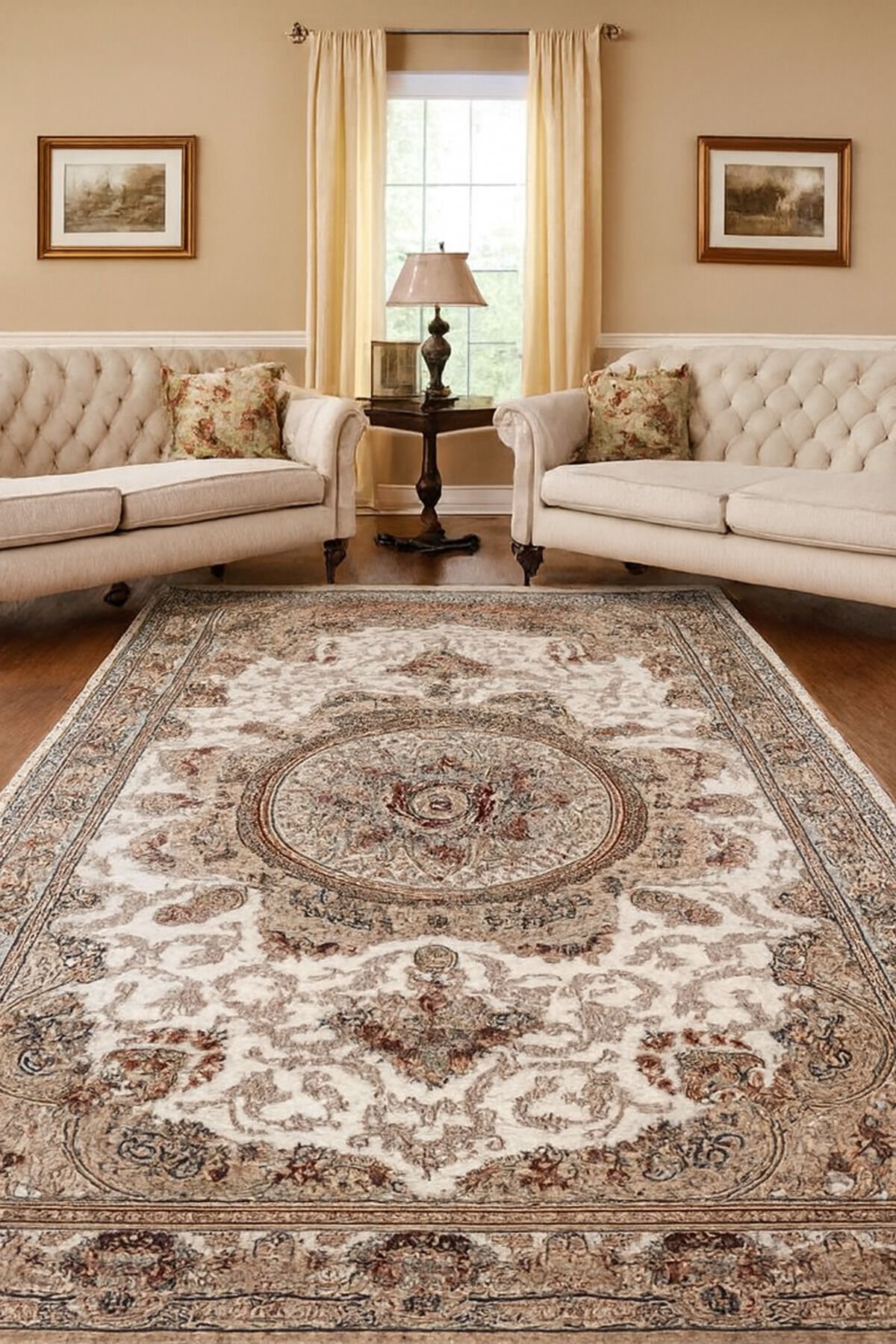 HANEDAN SIK DOKUMA İPEK AKRİLİK PARILTILI TÜY VERMEYEN YÜKSEK KALİTE SALON HALISI ORTA KALINLIKTADIR Krem Bej - 240 X 340