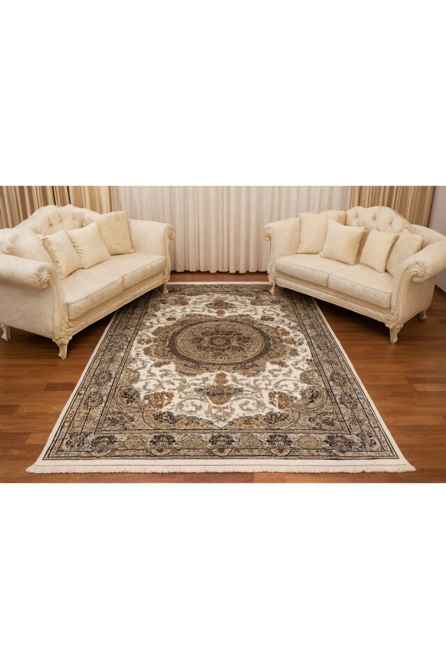 HANEDAN SIK DOKUMA İPEK AKRİLİK PARILTILI TÜY VERMEYEN YÜKSEK KALİTE SALON HALISI ORTA KALINLIKTADIR Krem Bej - 240 X 340