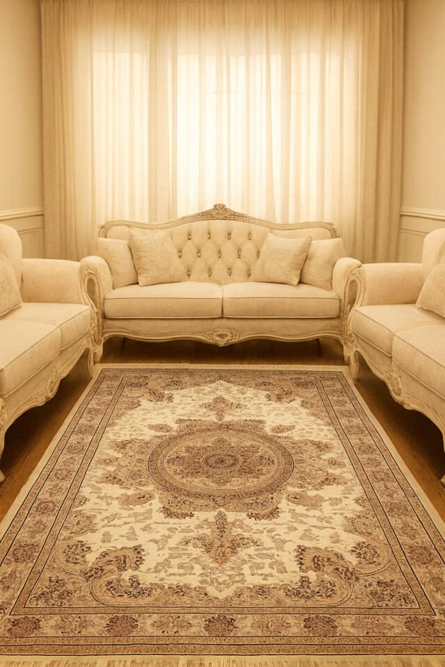 HANEDAN SIK DOKUMA İPEK AKRİLİK PARILTILI TÜY VERMEYEN YÜKSEK KALİTE SALON HALISI ORTA KALINLIKTADIR Krem Bej - 240 X 340