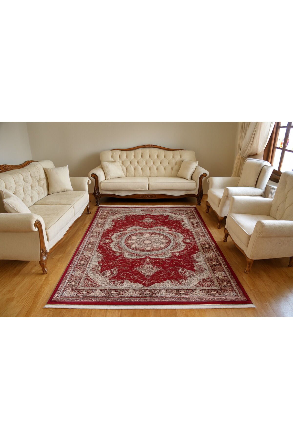 HANEDAN SIK DOKUMA İPEK AKRİLİK PARILTILI TÜY VERMEYEN YÜKSEK KALİTE SALON HALISI ORTA KALINLIKTADIR Kırmızı - 200 X 290