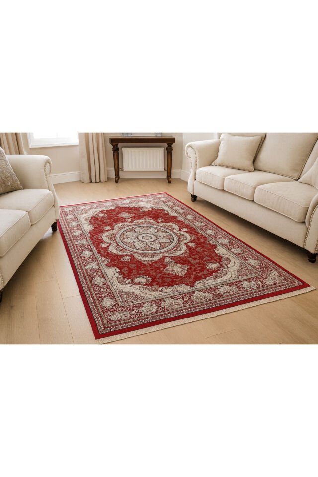 HANEDAN SIK DOKUMA İPEK AKRİLİK PARILTILI TÜY VERMEYEN YÜKSEK KALİTE SALON HALISI ORTA KALINLIKTADIR Kırmızı - 200 X 290