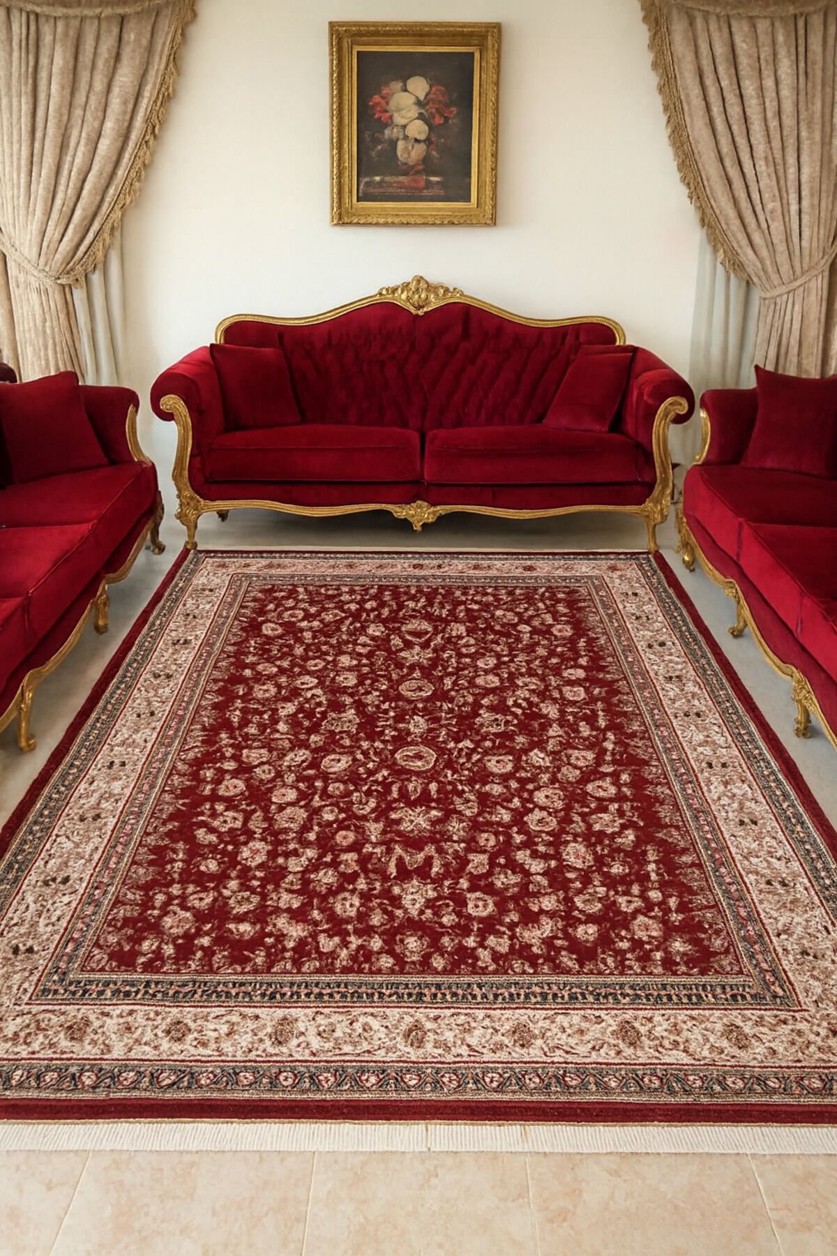 HANEDAN SIK DOKUMA İPEK AKRİLİK PARILTILI TÜY VERMEYEN YÜKSEK KALİTE SALON HALISI ORTA KALINLIKTADIR Kırmızı - 200 X 290