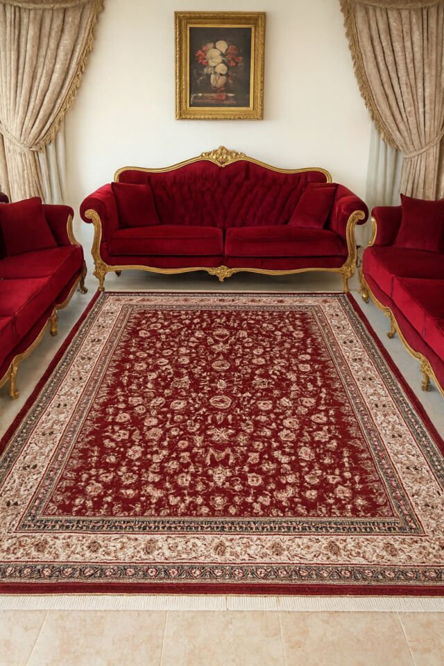 HANEDAN SIK DOKUMA İPEK AKRİLİK PARILTILI TÜY VERMEYEN YÜKSEK KALİTE SALON HALISI ORTA KALINLIKTADIR Kırmızı - 200 X 290