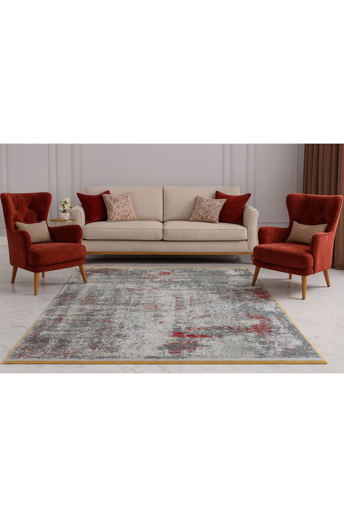 premium ipek bambu sık dokuma parıltılı muhteşem halı Gri Kırmızı Siyah - 160 X 230