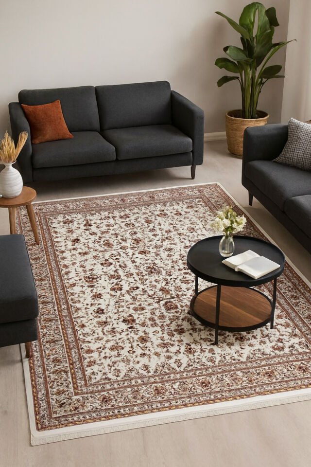 HANEDAN SIK DOKUMA İPEK AKRİLİK PARILTILI TÜY VERMEYEN YÜKSEK KALİTE SALON HALISI ORTA KALINLIKTADIR Bej Krem - 240 X 340