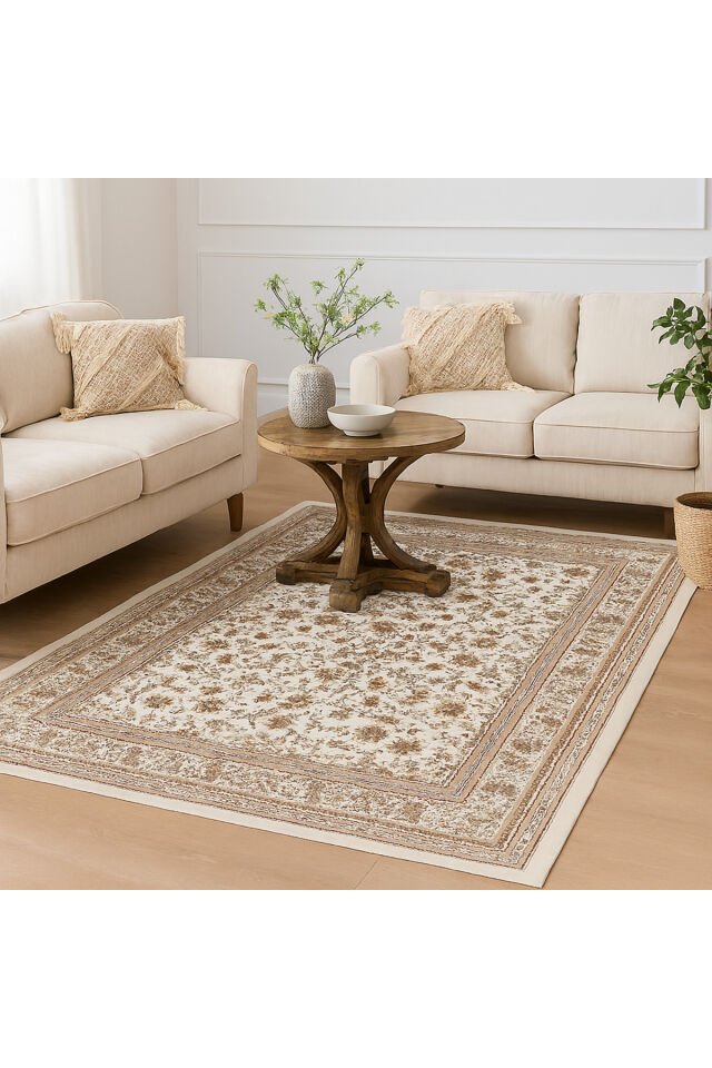 HANEDAN SIK DOKUMA İPEK AKRİLİK PARILTILI TÜY VERMEYEN YÜKSEK KALİTE SALON HALISI ORTA KALINLIKTADIR Bej Krem - 160 X 230