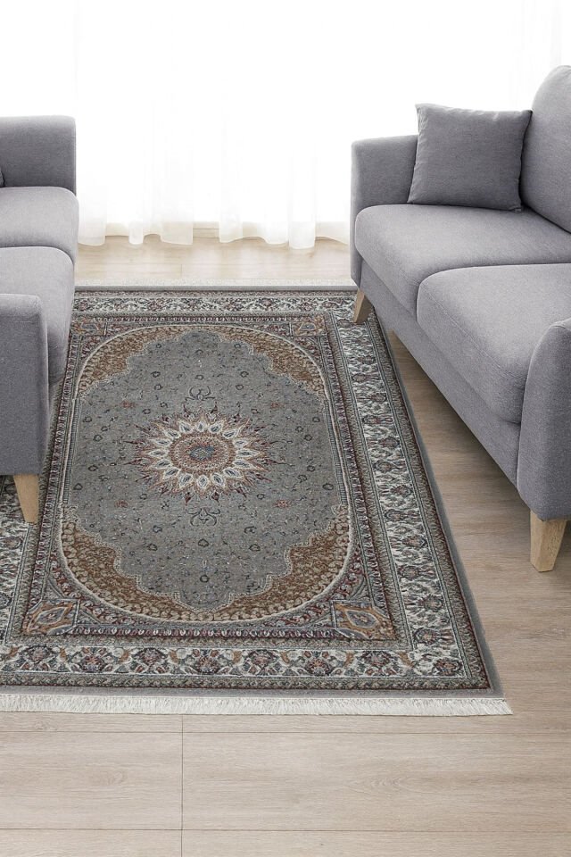 HANEDAN SIK DOKUMA İPEK AKRİLİK PARILTILI TÜY VERMEYEN YÜKSEK KALİTE SALON HALISI ORTA KALINLIKTADIR Gri̇ - 200 X 290