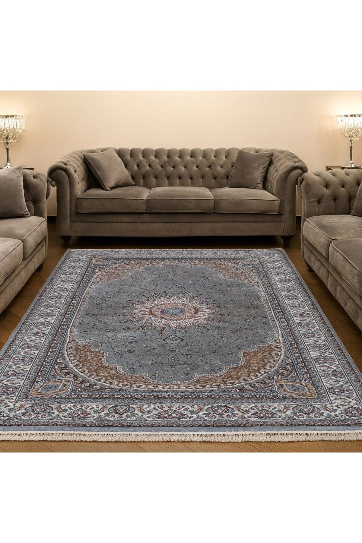 HANEDAN SIK DOKUMA İPEK AKRİLİK PARILTILI TÜY VERMEYEN YÜKSEK KALİTE SALON HALISI ORTA KALINLIKTADIR Gri̇ - 240 X 340