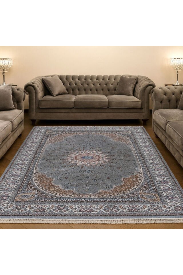 HANEDAN SIK DOKUMA İPEK AKRİLİK PARILTILI TÜY VERMEYEN YÜKSEK KALİTE SALON HALISI ORTA KALINLIKTADIR Gri̇ - 240 X 340