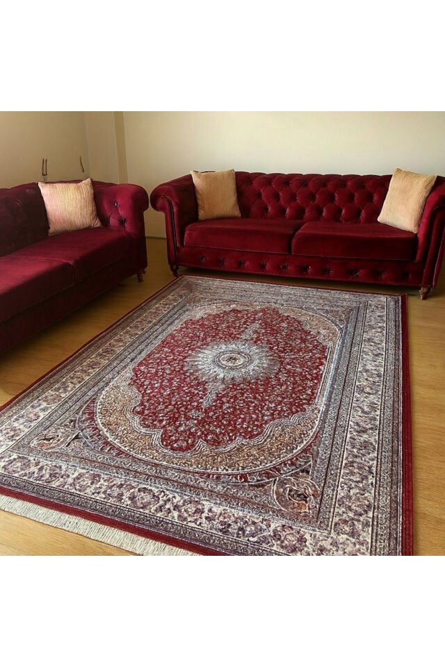 HANEDAN SIK DOKUMA İPEK AKRİLİK PARILTILI TÜY VERMEYEN YÜKSEK KALİTE SALON HALISI ORTA KALINLIKTADIR Kırmızı - 200 X 290