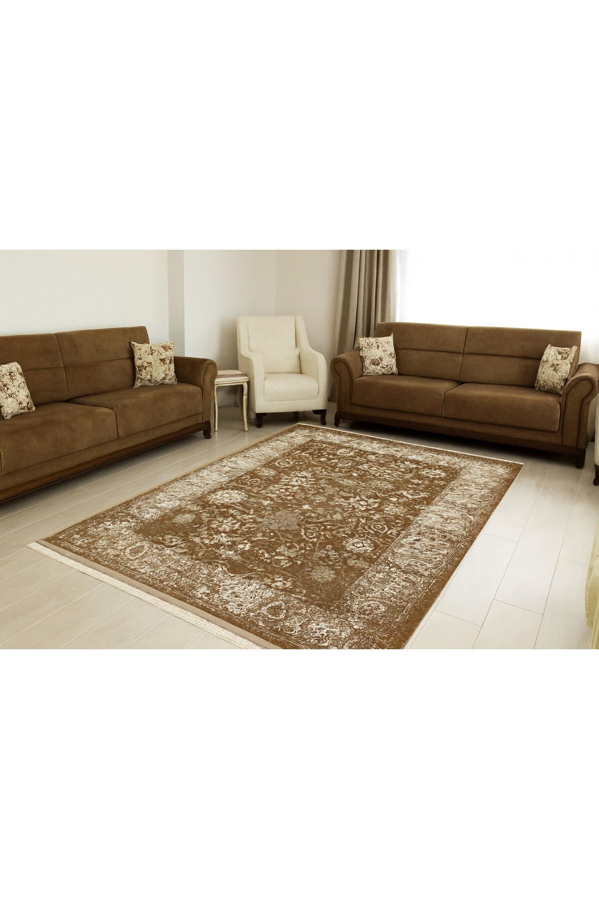 premium ipek bambu sık dokuma parıltılı muhteşem halı Kahverengi Krem - 160 X 230