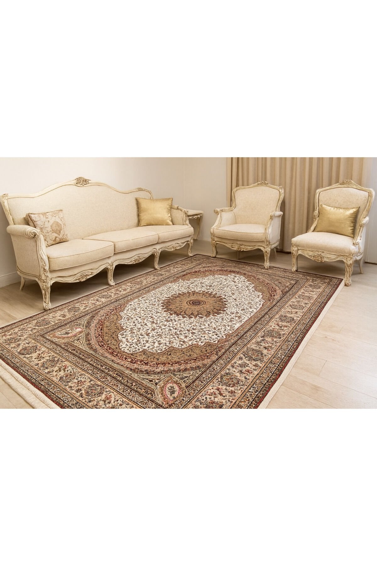 HANEDAN SIK DOKUMA İPEK AKRİLİK PARILTILI TÜY VERMEYEN YÜKSEK KALİTE SALON HALISI ORTA KALINLIKTADIR Bej Krem - 240 X 340