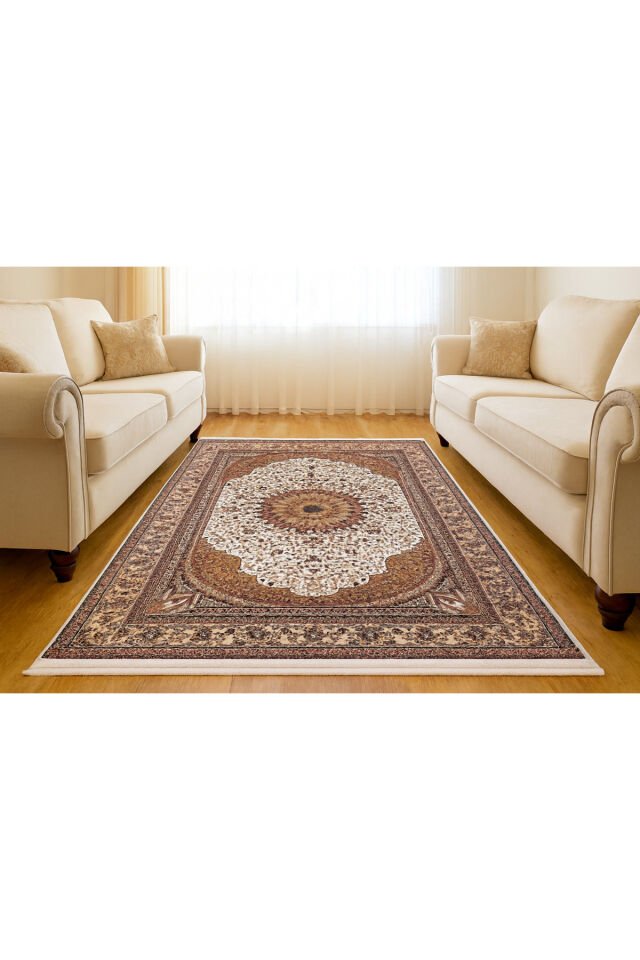 HANEDAN SIK DOKUMA İPEK AKRİLİK PARILTILI TÜY VERMEYEN YÜKSEK KALİTE SALON HALISI ORTA KALINLIKTADIR Bej Krem - 240 X 340