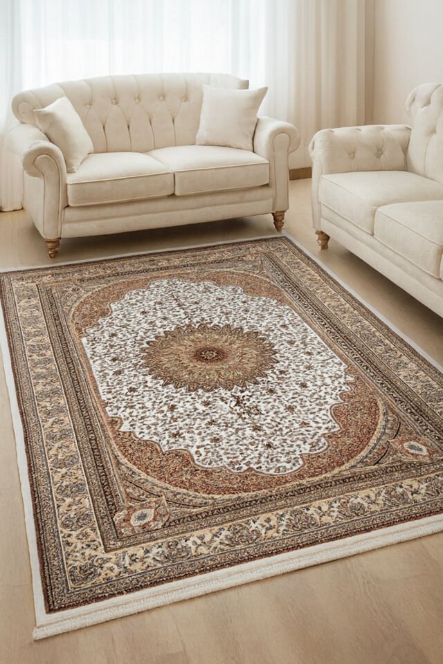 HANEDAN SIK DOKUMA İPEK AKRİLİK PARILTILI TÜY VERMEYEN YÜKSEK KALİTE SALON HALISI ORTA KALINLIKTADIR Bej Krem - 240 X 340