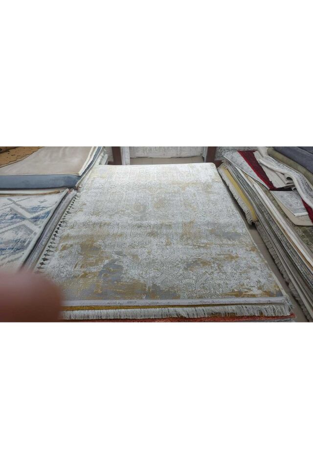premium ipek bambu sık dokuma parıltılı muhteşem halı Gri Hardal - 160 X 230