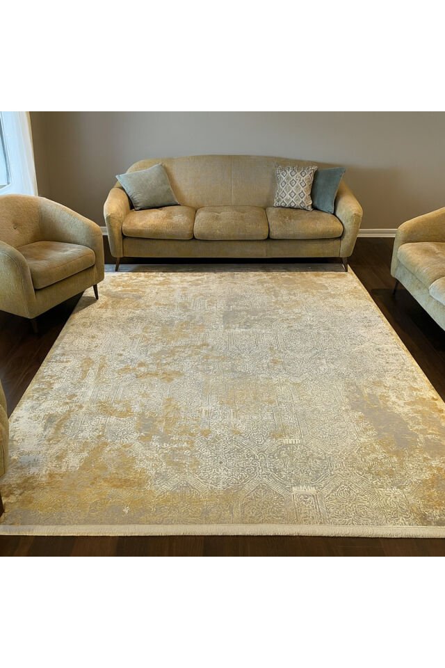 premium ipek bambu sık dokuma parıltılı muhteşem halı Gri Hardal - 160 X 230