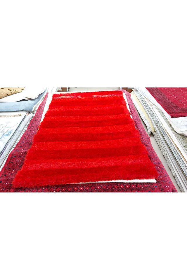 saray simli peluş tüylü toz tüy yapmayan yumuşacık peluş halı Kırmızı - 120 X 180