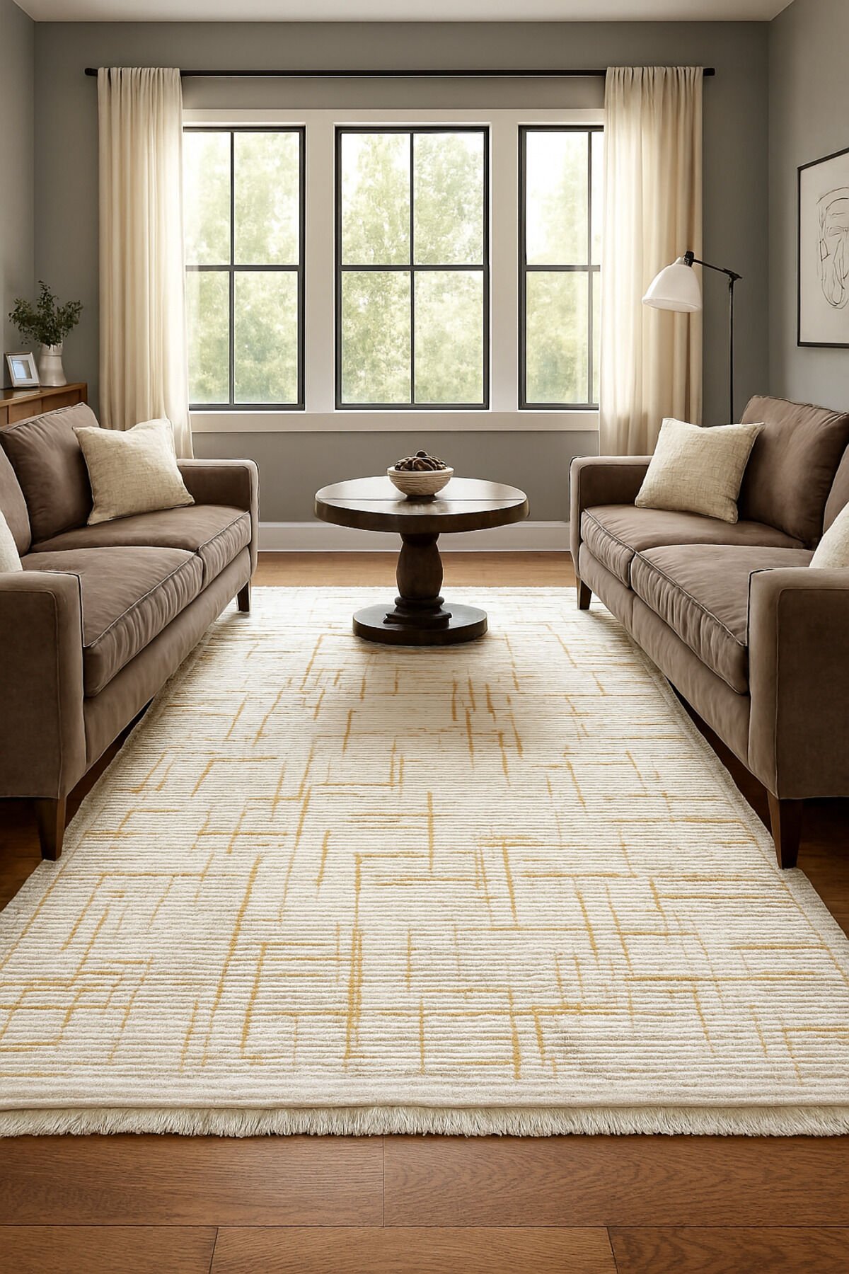 IRMAK SIK DOKUMA ORTA KALINLIKTA AKRİLİK MODERN SALON HALISI Krem Hardal - 160 X 230