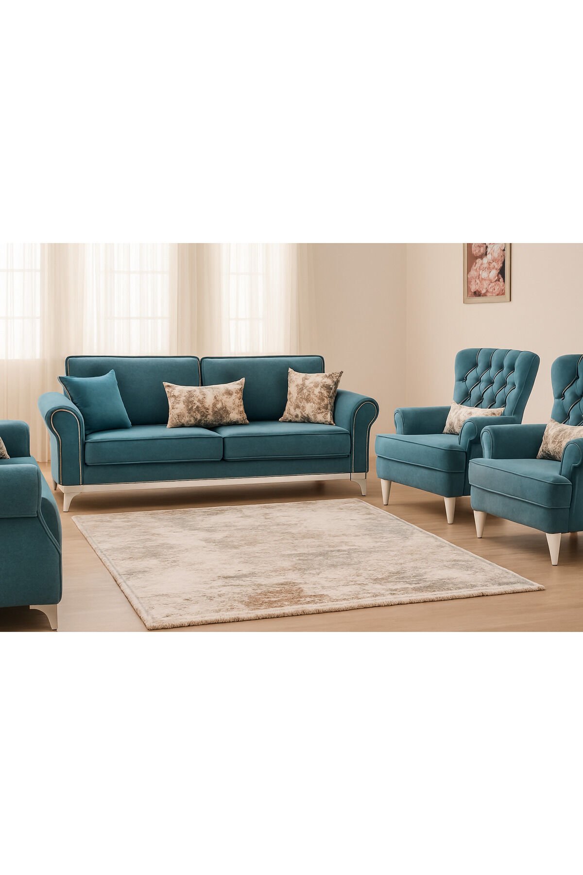 IRMAK SIK DOKUMA ORTA KALINLIKTA AKRİLİK MODERN SALON HALISI Kahverengi Krem Açık Mavi - 160 X 230