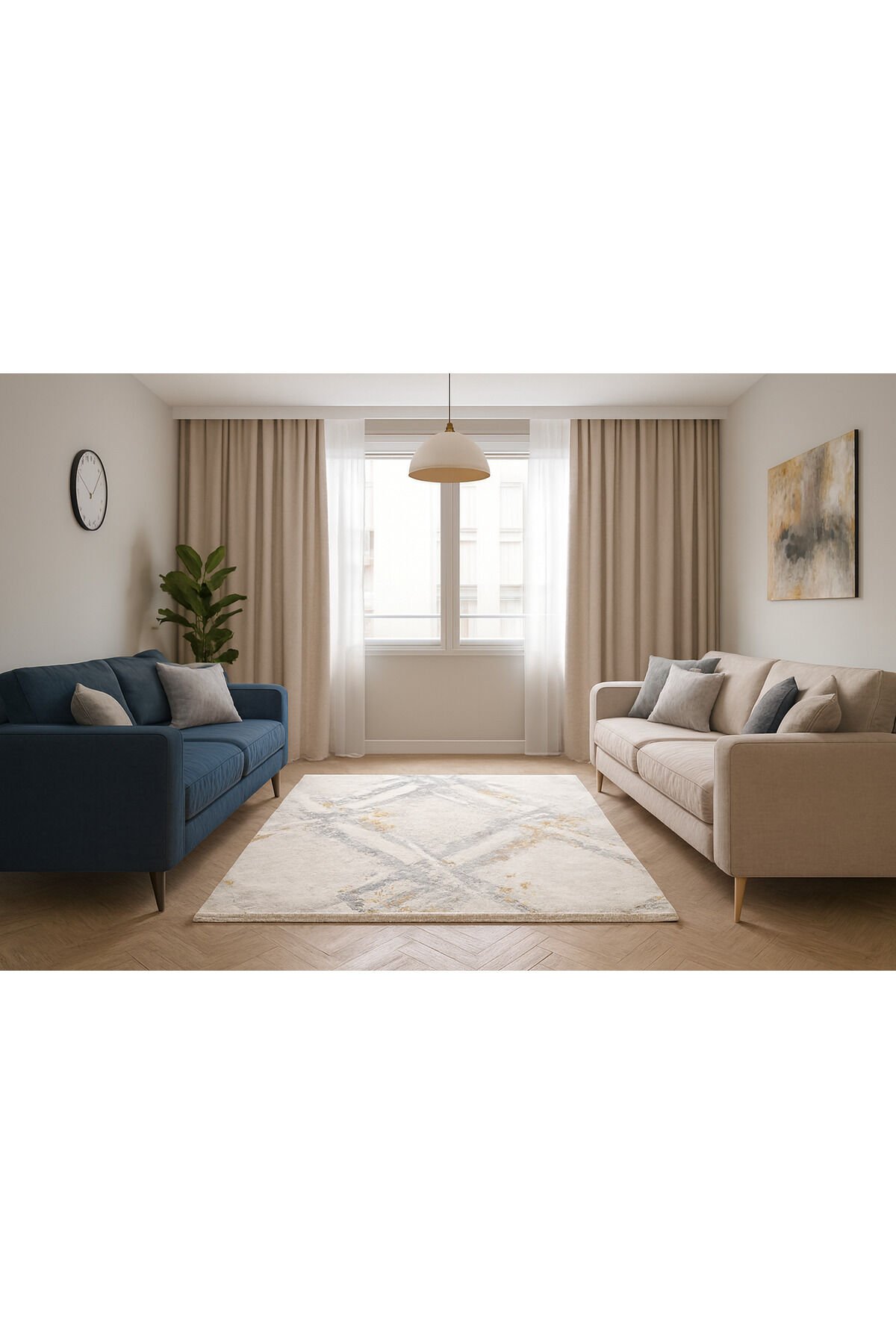 IRMAK SIK DOKUMA ORTA KALINLIKTA AKRİLİK MODERN SALON HALISI Gri Hardal Krem - 160 X 230