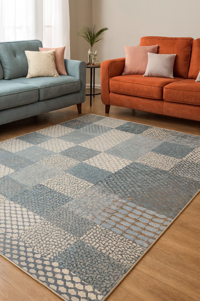 ŞİRAZ SIK DOKUMA ORTA KALINLIKTA TEMİZLİĞİ KOLAY AKRİLİK HALI Gri Mavi̇ - 200 X 300
