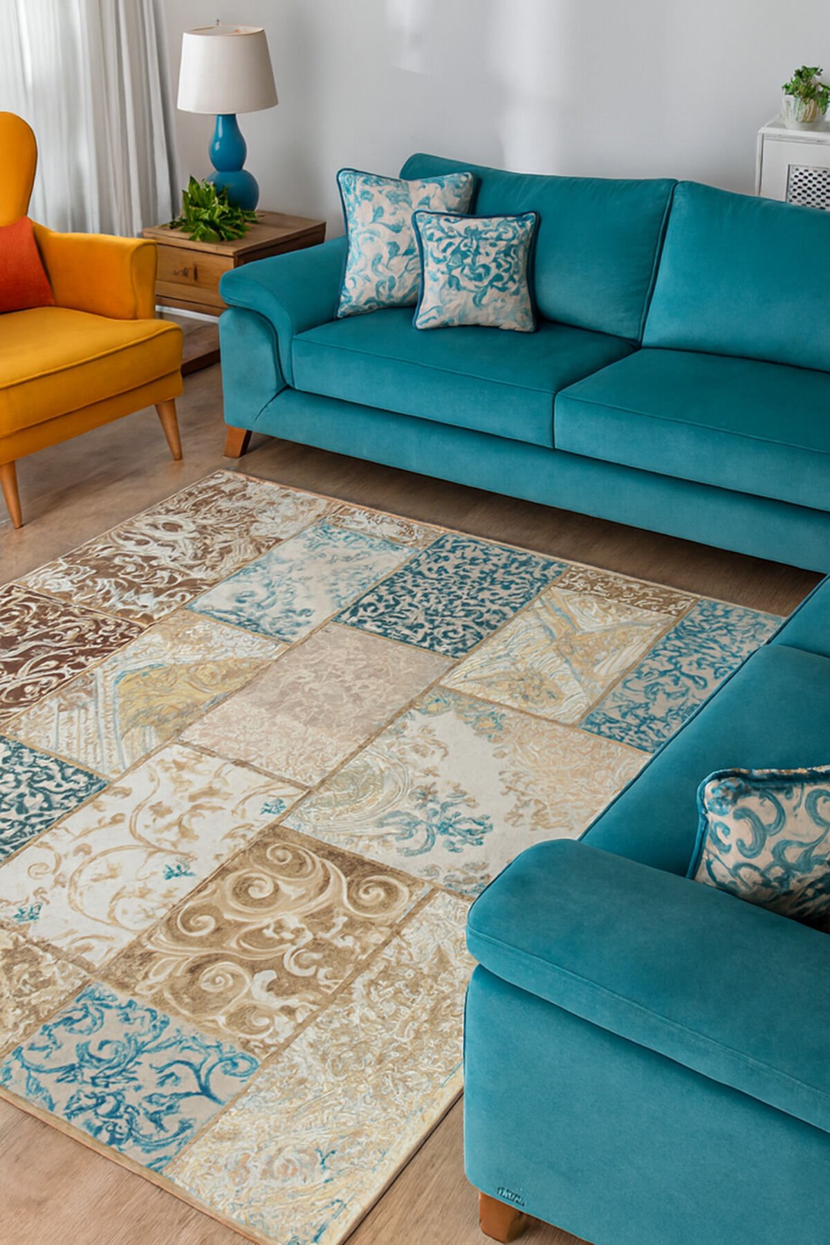 SARAY KLASİK SIK DOKUMA ORTA KALINLIKTA TEMİZLİĞİ KOLAY AKRİLİK HALI Bej Mavi̇ - 200 X 300