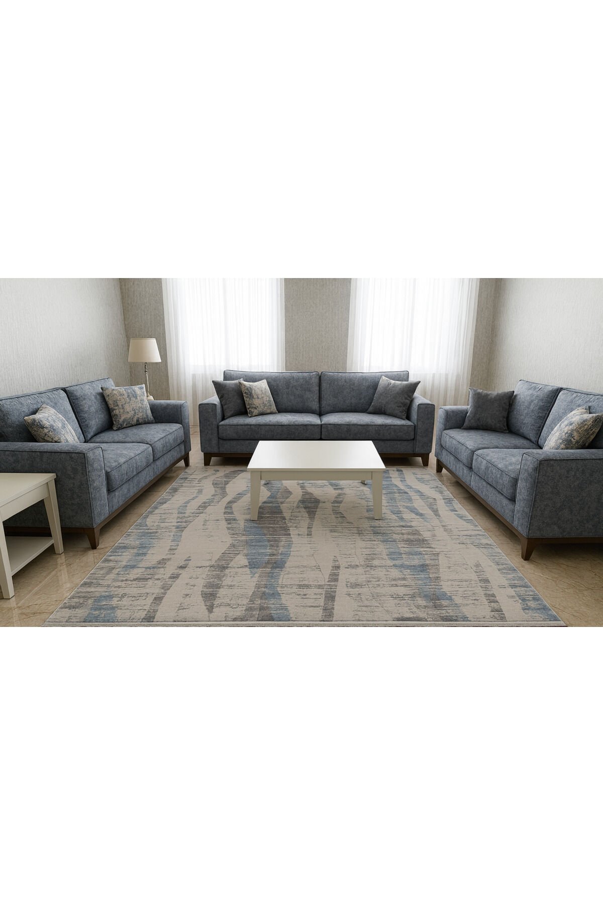 SIK DOKUMA ORTA KALINLIKTA TOZ TÜY YAPMAYAN HALI Bej Gri̇ Mavi̇ - 200 X 300