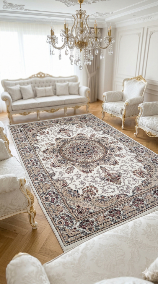 HANEDAN SIK DOKUMA İPEK AKRİLİK PARILTILI TÜY VERMEYEN YÜKSEK KALİTE SALON HALISI ORTA KALINLIKTADIR