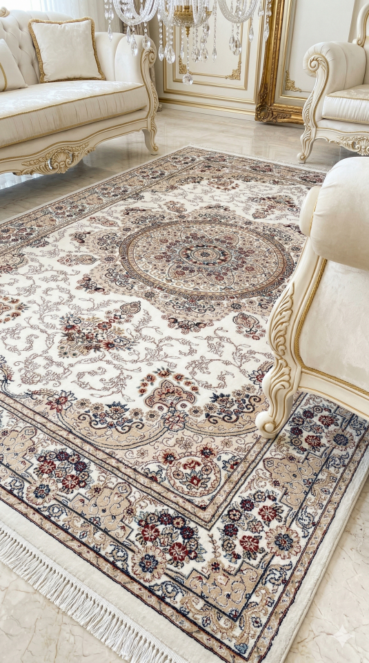 HANEDAN SIK DOKUMA İPEK AKRİLİK PARILTILI TÜY VERMEYEN YÜKSEK KALİTE SALON HALISI ORTA KALINLIKTADIR