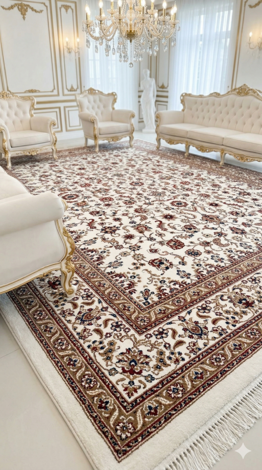 HANEDAN SIK DOKUMA İPEK AKRİLİK PARILTILI TÜY VERMEYEN YÜKSEK KALİTE SALON HALISI ORTA KALINLIKTADIR