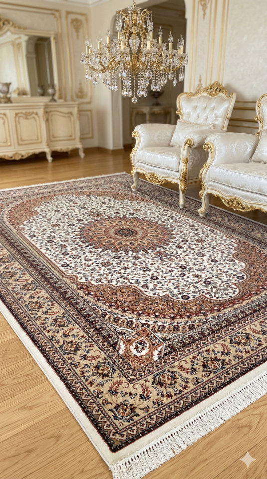 HANEDAN SIK DOKUMA İPEK AKRİLİK PARILTILI TÜY VERMEYEN YÜKSEK KALİTE SALON HALISI ORTA KALINLIKTADIR