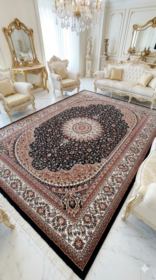 HANEDAN SIK DOKUMA İPEK AKRİLİK PARILTILI TÜY VERMEYEN YÜKSEK KALİTE SALON HALISI ORTA KALINLIKTADIR