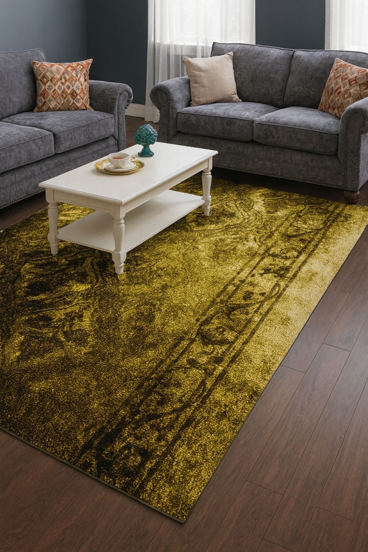 Yün Halı Uşak Saf Yün Süper Halı Kahve Antrasit 01052 Geleneksel Doku, Yün Halı Aci Kahve - 80 X 150
