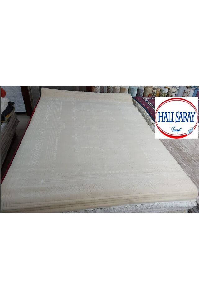 UŞAK SAF YÜN DOKUMA HALI İPEK FLOŞ SÜSLEME YÜN HALI Krem - 200 X 300