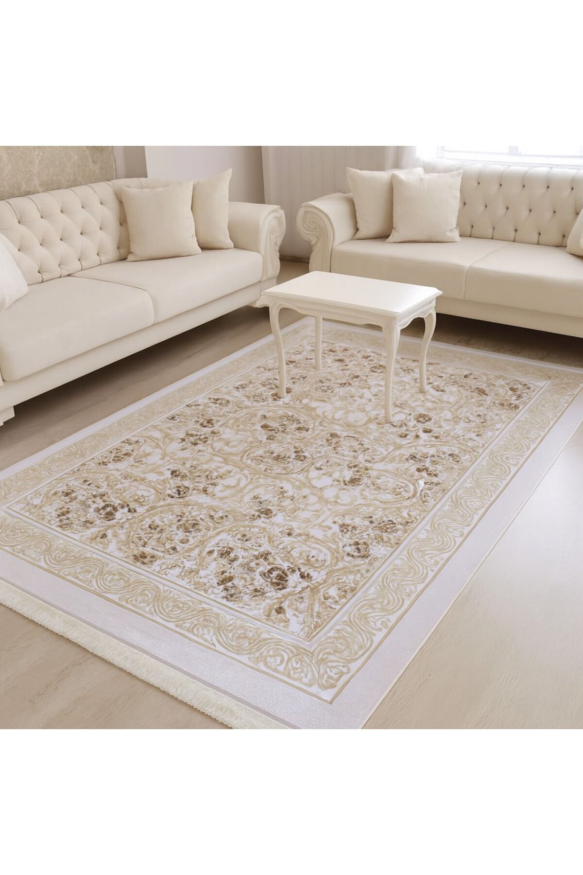 UŞAK SARAY İPEKSİ SAFİ YÜN DOKUMA ÜZERİNDE İPEK FLOŞ SÜSLEME MUHTEŞEM SALON HALISI Beyaz - 200 X 300