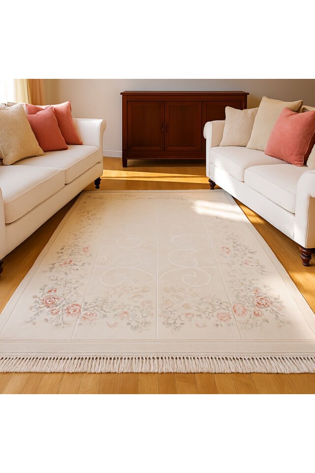 UŞAK SARAY İPEKSİ SAFİ YÜN DOKUMA ÜZERİNDE İPEK FLOŞ SÜSLEME MUHTEŞEM SALON HALISI Beyaz - 200 X 300