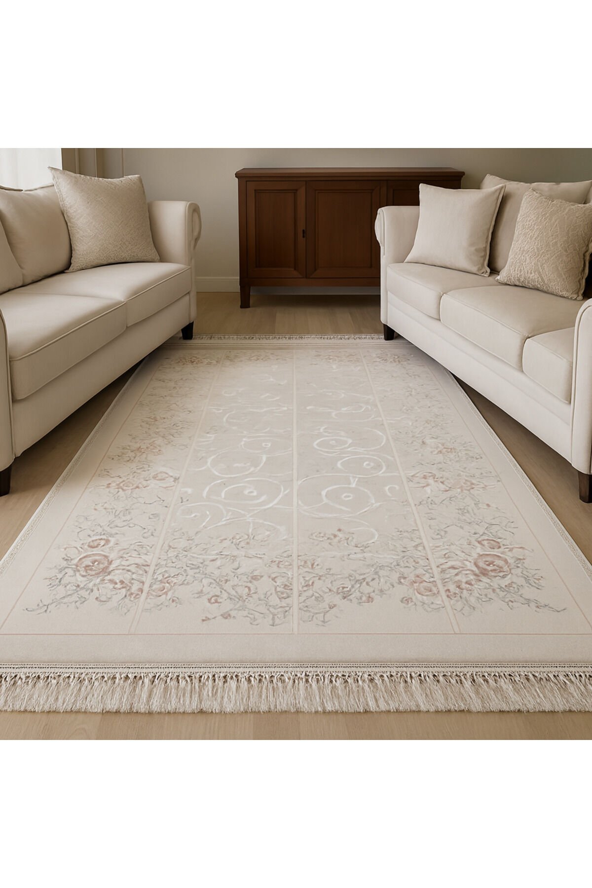 UŞAK SARAY İPEKSİ SAFİ YÜN DOKUMA ÜZERİNDE İPEK FLOŞ SÜSLEME MUHTEŞEM SALON HALISI Beyaz - 200 X 300