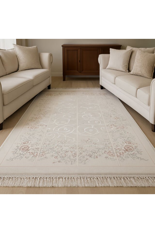 UŞAK SARAY İPEKSİ SAFİ YÜN DOKUMA ÜZERİNDE İPEK FLOŞ SÜSLEME MUHTEŞEM SALON HALISI Beyaz - 200 X 300