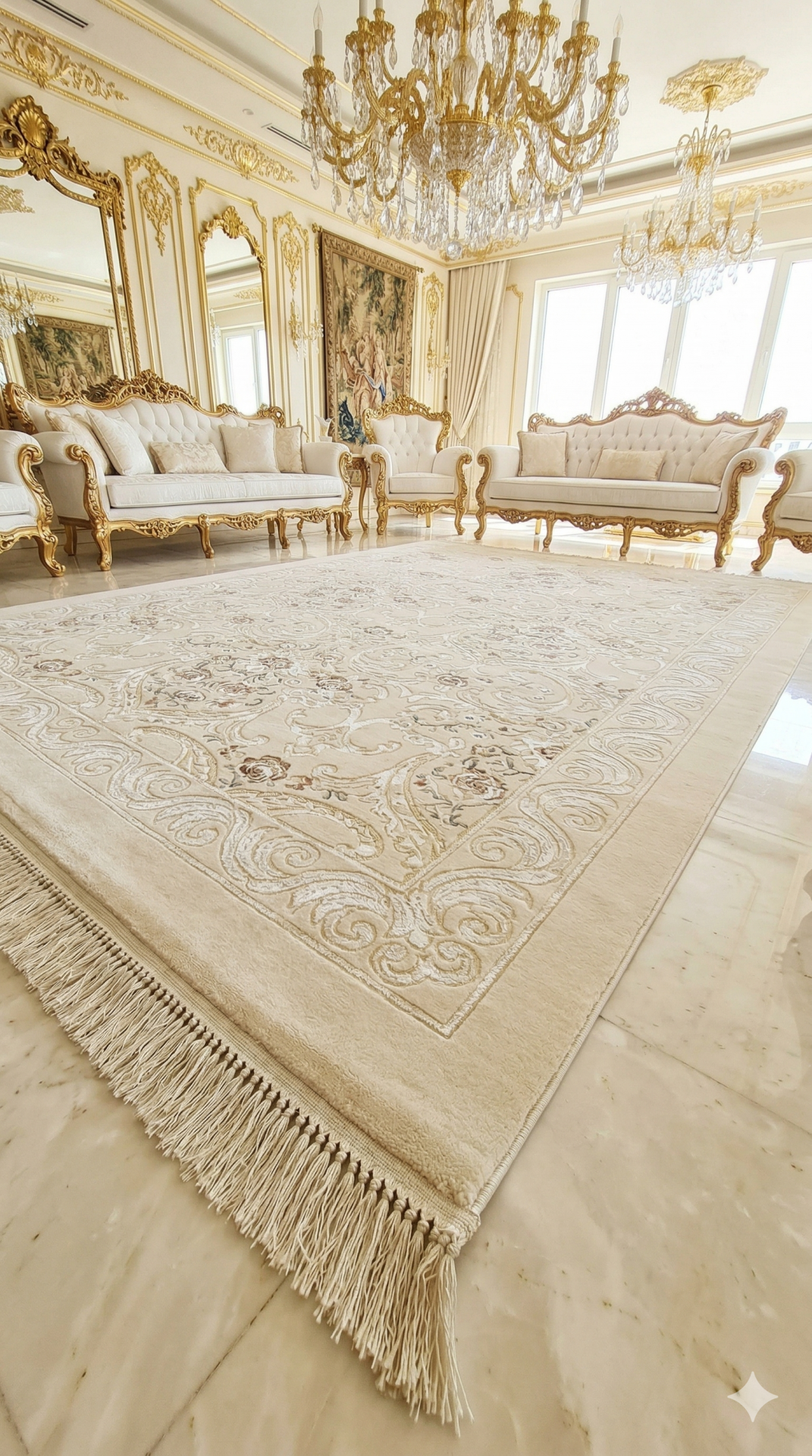 UŞAK SARAY İPEKSİ SAFİ YÜN DOKUMA ÜZERİNDE İPEK FLOŞ SÜSLEME MUHTEŞEM SALON HALISI