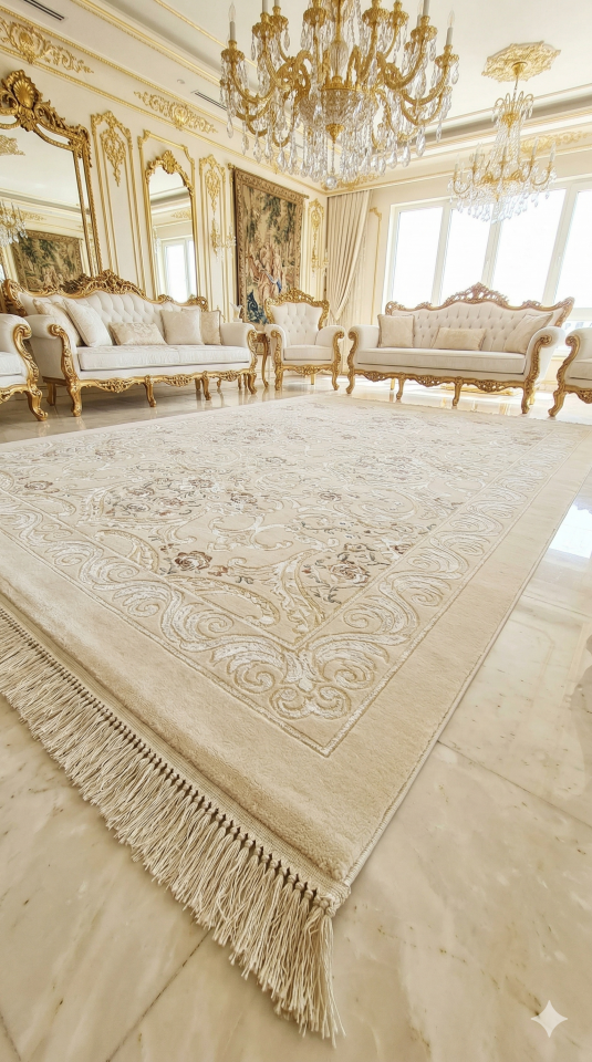 UŞAK SARAY İPEKSİ SAFİ YÜN DOKUMA ÜZERİNDE İPEK FLOŞ SÜSLEME MUHTEŞEM SALON HALISI