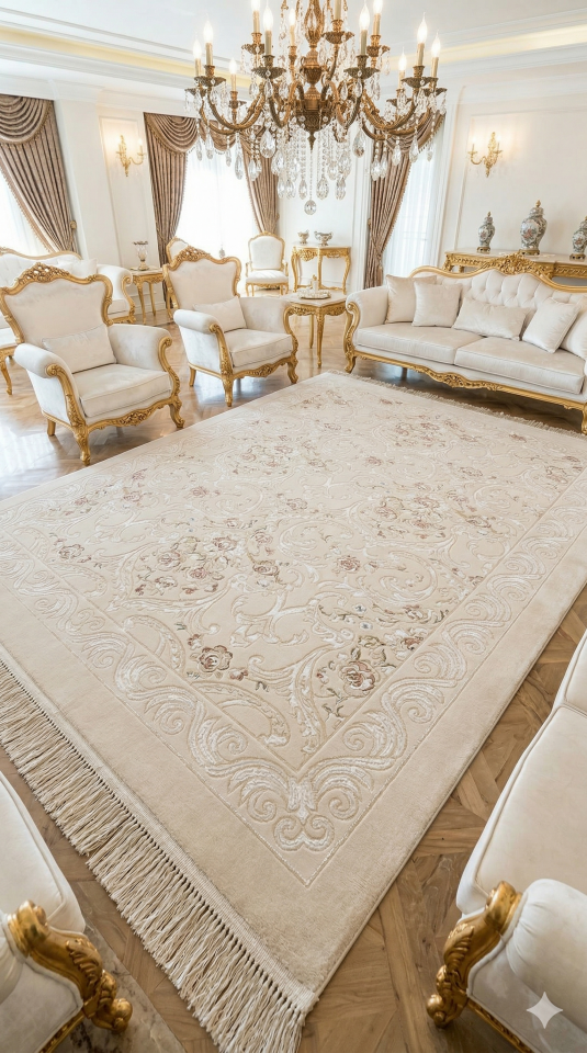 UŞAK SARAY İPEKSİ SAFİ YÜN DOKUMA ÜZERİNDE İPEK FLOŞ SÜSLEME MUHTEŞEM SALON HALISI