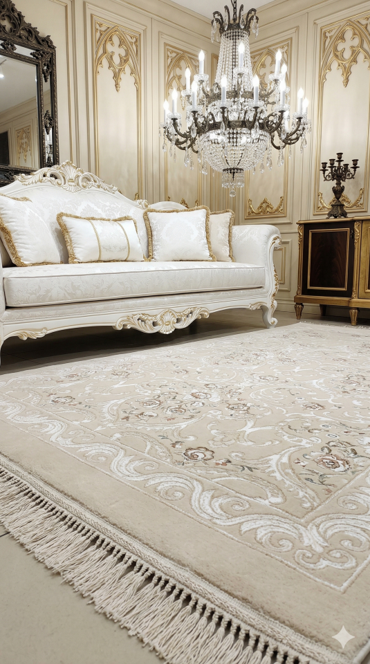 UŞAK SARAY İPEKSİ SAFİ YÜN DOKUMA ÜZERİNDE İPEK FLOŞ SÜSLEME MUHTEŞEM SALON HALISI