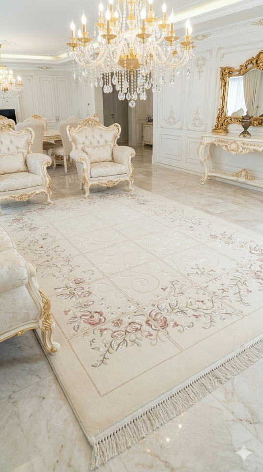 UŞAK SARAY İPEKSİ SAFİ YÜN DOKUMA ÜZERİNDE İPEK FLOŞ SÜSLEME MUHTEŞEM SALON HALISI