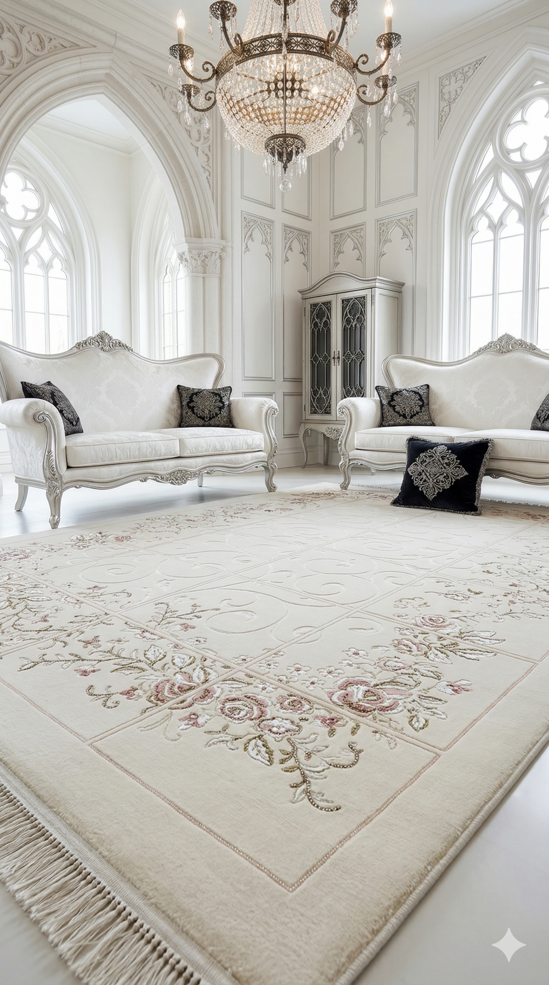 UŞAK SARAY İPEKSİ SAFİ YÜN DOKUMA ÜZERİNDE İPEK FLOŞ SÜSLEME MUHTEŞEM SALON HALISI