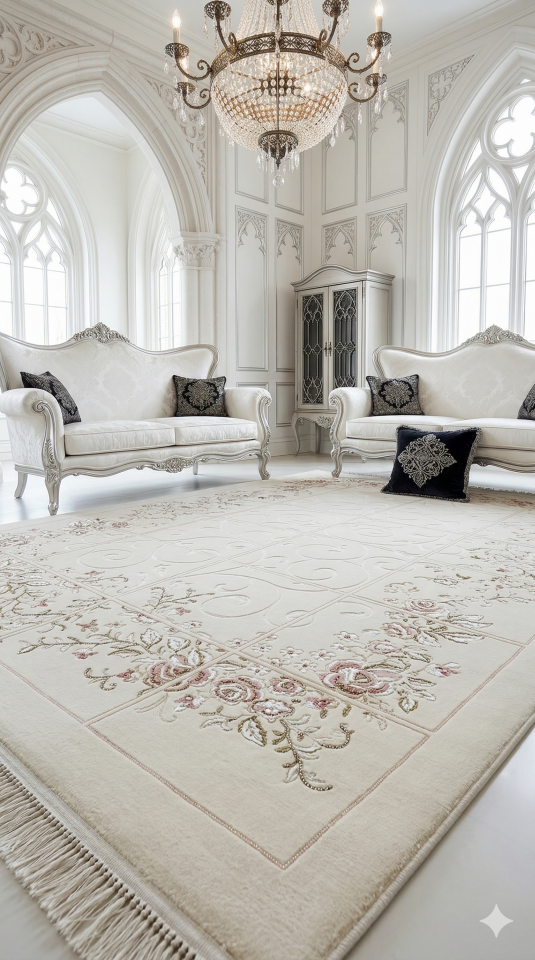 UŞAK SARAY İPEKSİ SAFİ YÜN DOKUMA ÜZERİNDE İPEK FLOŞ SÜSLEME MUHTEŞEM SALON HALISI